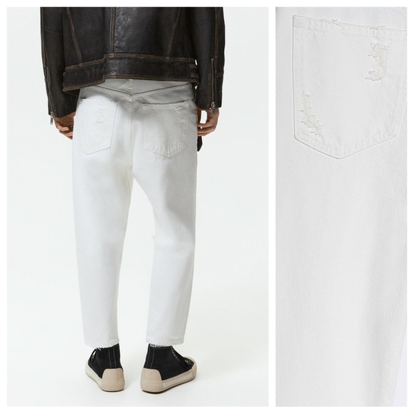 NWT. Zara Men White Tapered Relaxed Fit Ripped Jeans - Picture 6 of 14
